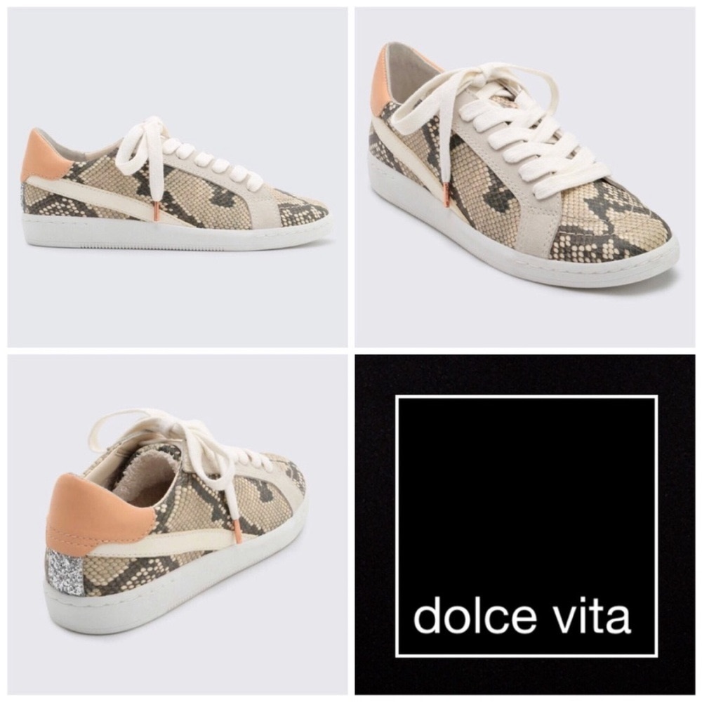 Dolce Vita Tan and Silver Snakeskin Sneakers with White Sole- like new